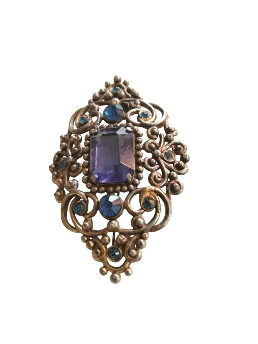 Vintage Gold Tone Brooch Purple Blue Stones Elegant Filigree Regency